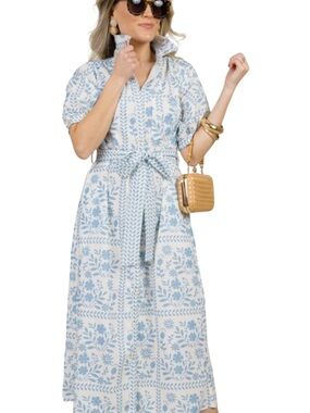 Polagram Blue Floral Tie-Waist Maxi Shirt Dress